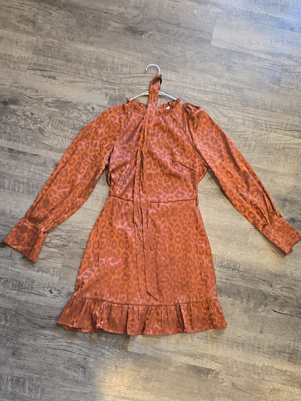She + Sky Orange Leopard Print Long Sleeve Tie-Neck Dress